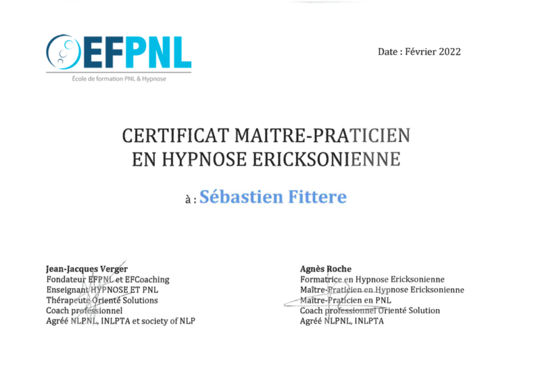 Certificat Maitre Praticien Hypnose Ericksonienne Sébastien Fittere