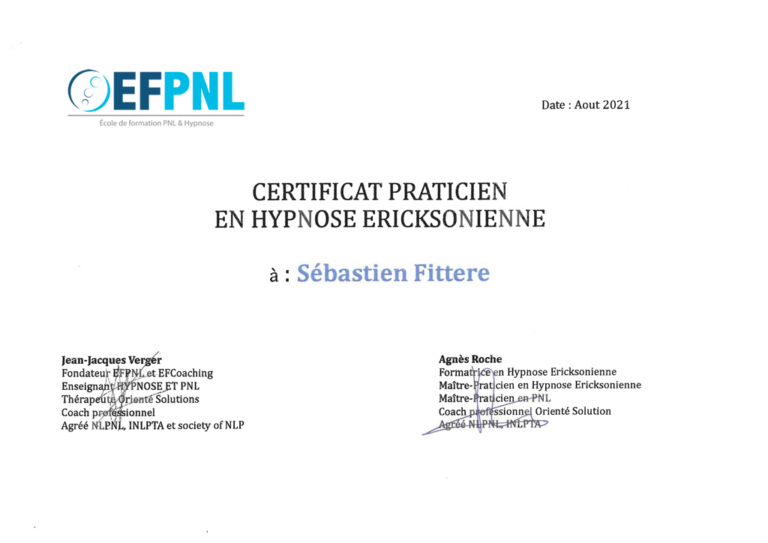 Certificat Praticien Hypnose Ericksonienne Sébastien Fittere